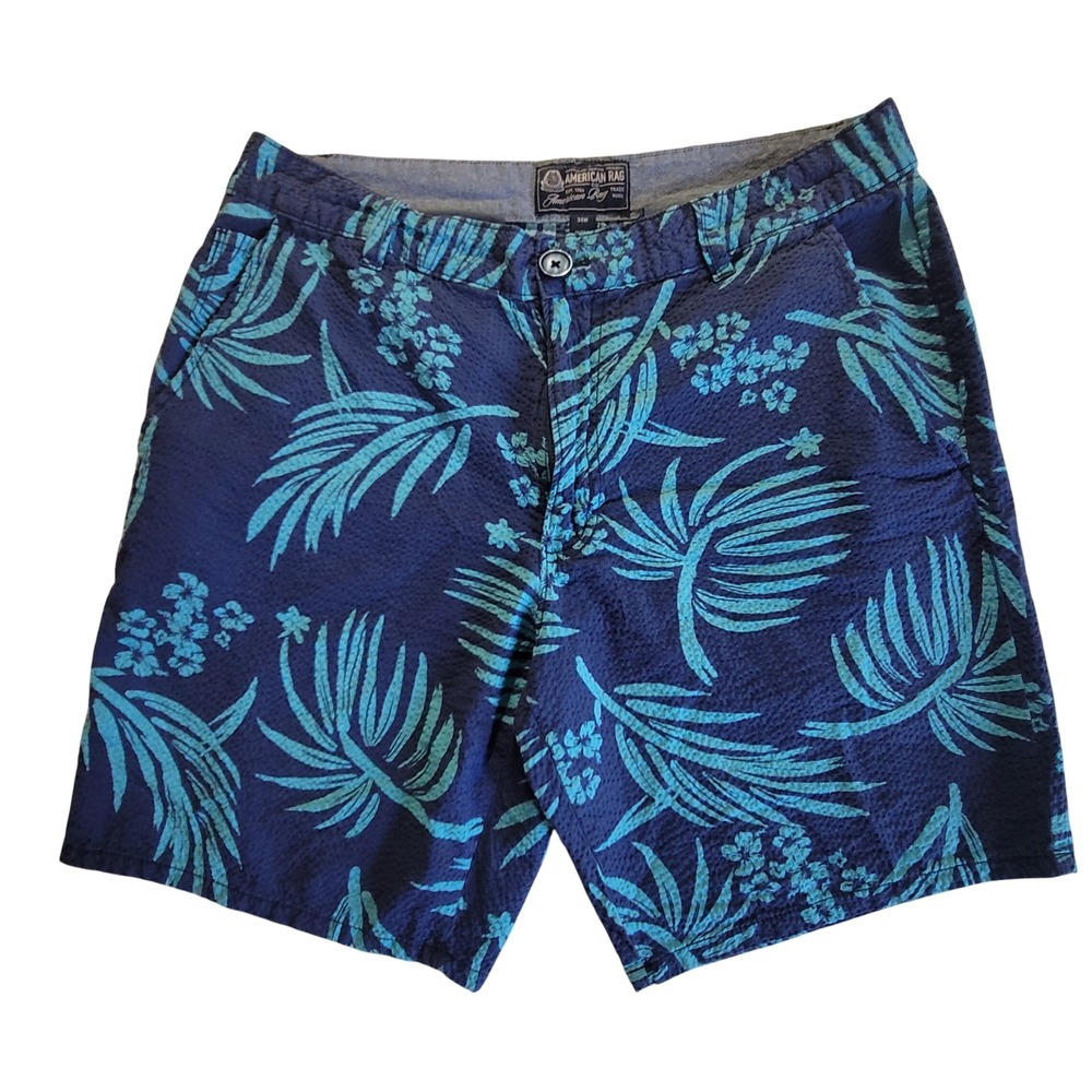 American Rag Shorts Mens 34 Navy Blue Tropical Palm Leaf Seersucker Cotton